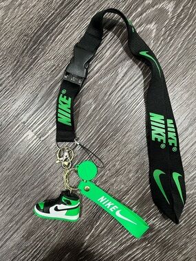Nike Black and Green Lanyard with Sneaker Keychain